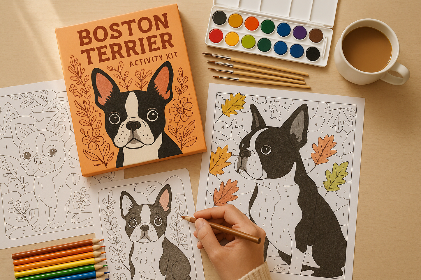 Boston Terrier Activity Kit | Coloring Book + Puzzle + Paint By Numbers