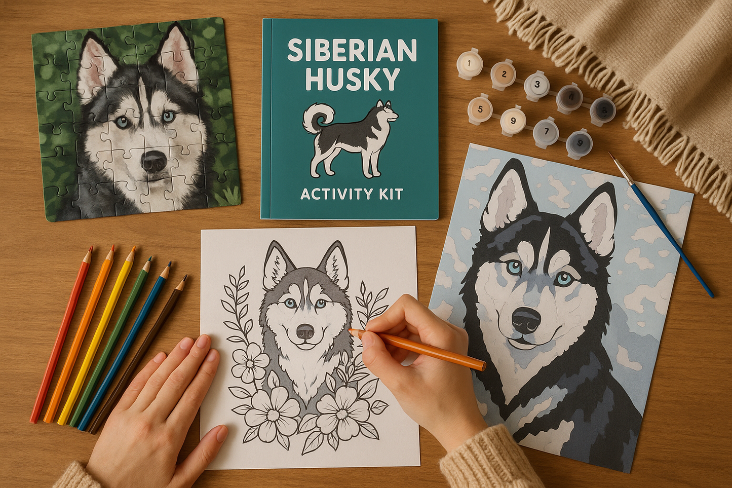 Siberian Husky Activity Kit | Coloring Book + Puzzle + Paint By Numbers