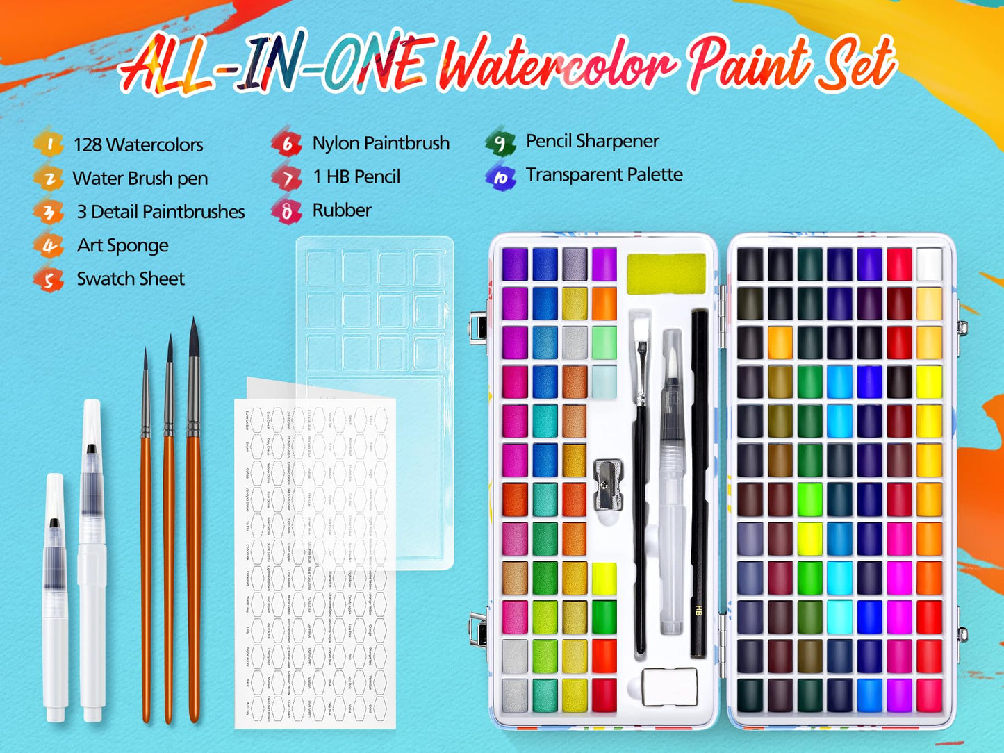 Caliart 48 Colors Watercolor Paint Set with 3 Brushes, Mini Travel Watercolors Painting Kit Gifts for Adults Artists Painters Teen Kids Girls Boys Art Supplies