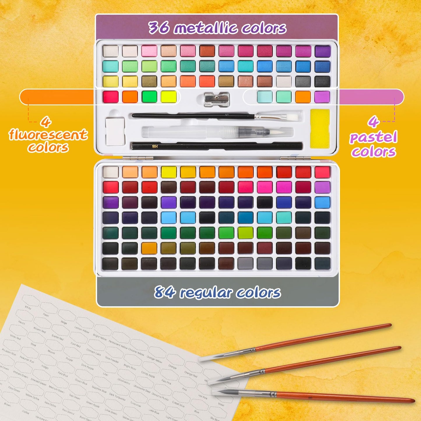 Caliart 48 Colors Watercolor Paint Set with 3 Brushes, Mini Travel Watercolors Painting Kit Gifts for Adults Artists Painters Teen Kids Girls Boys Art Supplies