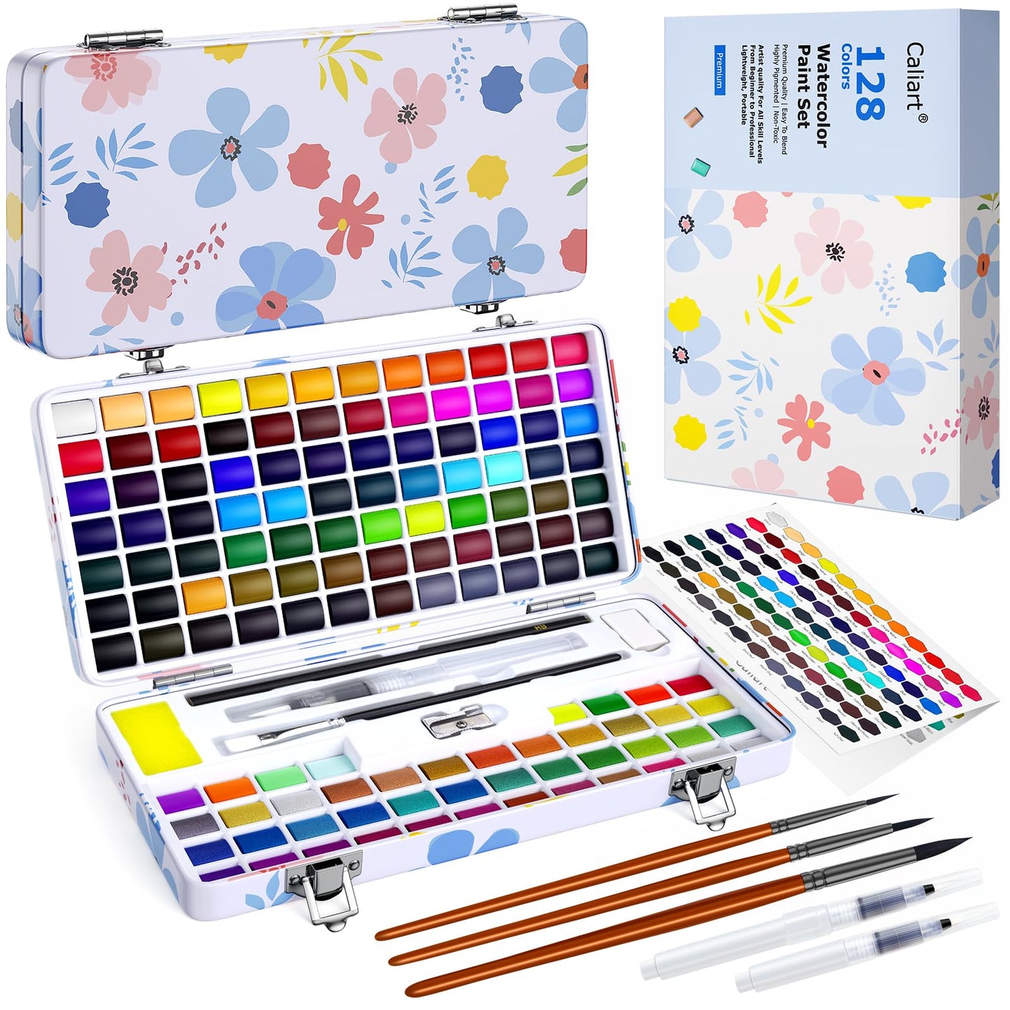 Caliart 48 Colors Watercolor Paint Set with 3 Brushes, Mini Travel Watercolors Painting Kit Gifts for Adults Artists Painters Teen Kids Girls Boys Art Supplies