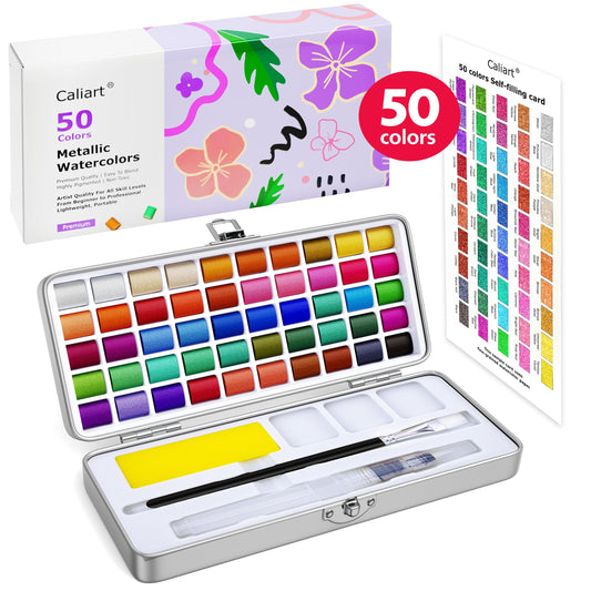 Caliart 48 Colors Watercolor Paint Set with 3 Brushes, Mini Travel Watercolors Painting Kit Gifts for Adults Artists Painters Teen Kids Girls Boys Art Supplies