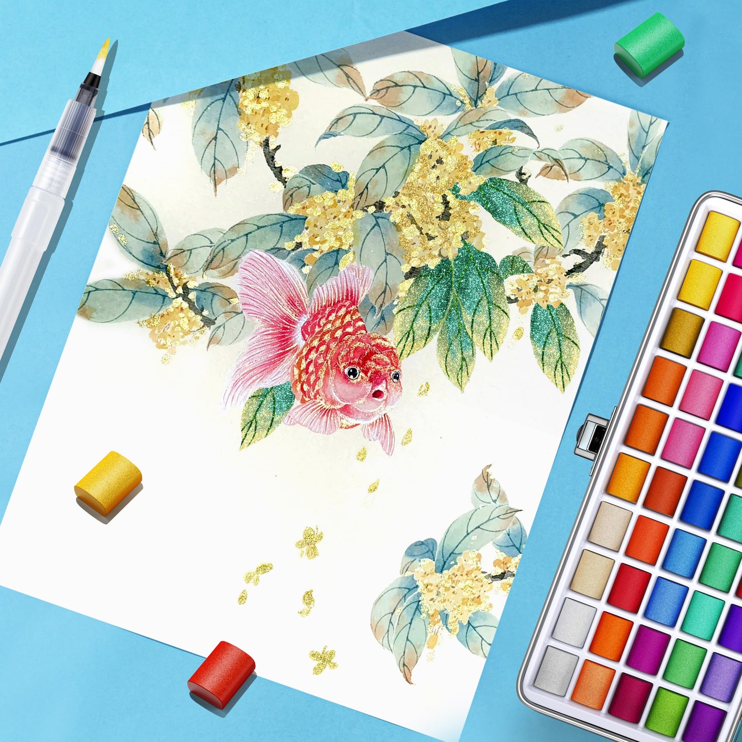 Caliart 48 Colors Watercolor Paint Set with 3 Brushes, Mini Travel Watercolors Painting Kit Gifts for Adults Artists Painters Teen Kids Girls Boys Art Supplies
