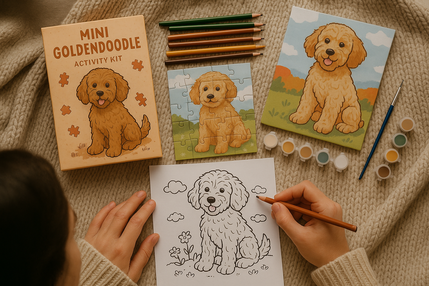 Goldendoodle Activity Kit | Coloring Book + Puzzle + Paint By Numbers